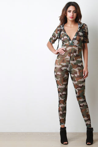 Semi-Sheer Camouflage Hooded Jumpsuit