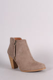 Qupid Woven Suede Zipper Trim Chunky Heeled Booties