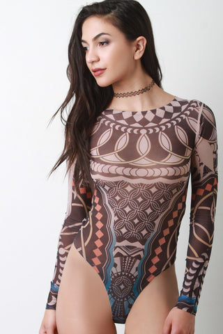 Abstract Print High Neck Long Sleeve Bodysuit