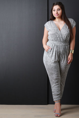 Marled Knit Surplice Ruched Jumpsuit