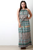 Woven Boho Print Halter Belted Maxi Dress