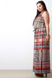 Woven Boho Print Halter Belted Maxi Dress