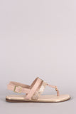 Bamboo Hologram Snake Metallic Trim T-Strap Flat Sandal