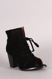 Perforated Suede Slit Lace-Up Chunky Heeled Booties