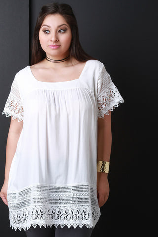 Woven Square Neck Lace Trim Tunic Top