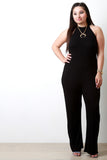 Solid Ribbed Knit Mock Neck Wide Leg Jumpsuit