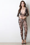 Mesh Damask Pattern Plunge Neck Jumpsuit