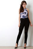 Frayed Waist V-Cut Slit Skinny Pants