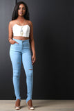 Frayed Waist V-Cut Slit Skinny Pants