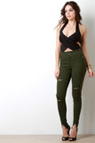 Frayed Waist V-Cut Slit Skinny Pants