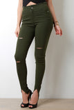 Frayed Waist V-Cut Slit Skinny Pants