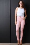 Frayed Waist V-Cut Slit Skinny Pants