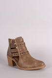 Qupid Distressed Suede Perforated Strap Western Booties