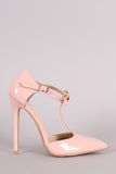 Patent Bow T-Strap Pointy Toe Stiletto Pump