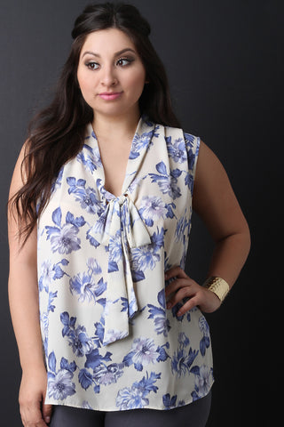 Floral V-Neck Bow Sleeveless Top