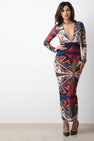 Abstract Geo Mesh Long Sleeve Maxi Dress