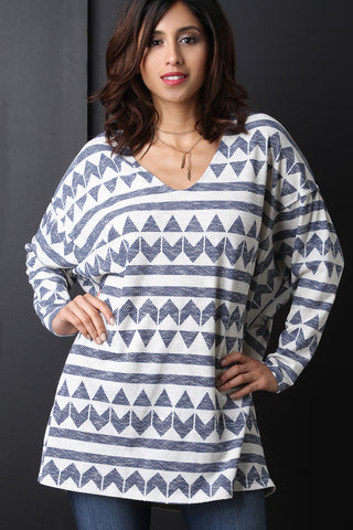 Drop Shoulder Triangle Stripe Long Sleeve Top