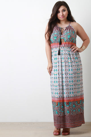 Patterned Print Cinched Waist Sleeveless Maxi Dress