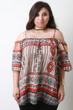 Tribal Print Cold Shoulder Elbow Sleeve Blouse Top