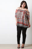 Tribal Print Cold Shoulder Elbow Sleeve Blouse Top