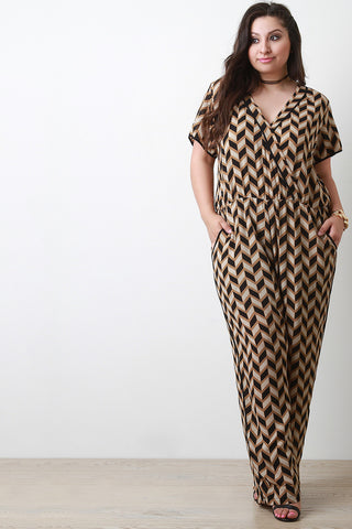 Woven Chevron Print Surplice Jumpsuit