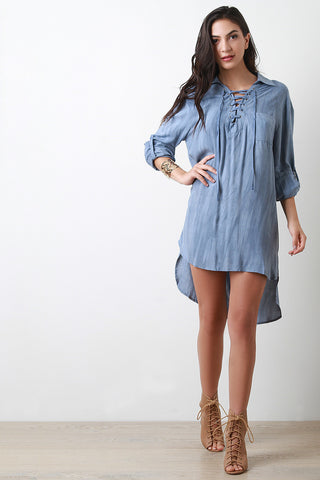 Lace Up Neckline Chambray Shirt Dress