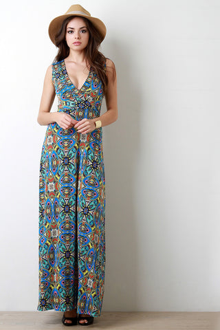 Paisley Boho Print Surplice Sleevess Maxi Dress