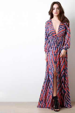 Leopard Zigzag Plunging V Longsleeve Maxi Dress