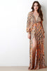 Leopard Zigzag Plunging V Longsleeve Maxi Dress