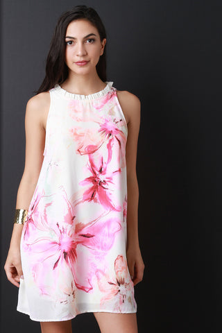 Watercolor Floral Print Ruffle Neckline Shift Dress