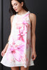 Watercolor Floral Print Ruffle Neckline Shift Dress