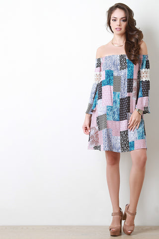 Off The Shoulder Patchwork Shift Dress