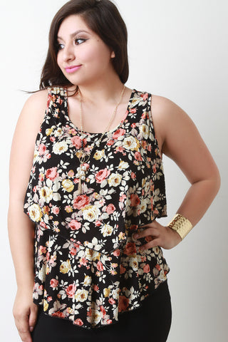 Plus Size Sleeveless Floral Flounce Necklace Top