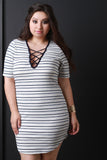 Lace Up V Neck Striped Tee Shirt Dress