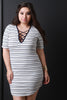 Lace Up V Neck Striped Tee Shirt Dress