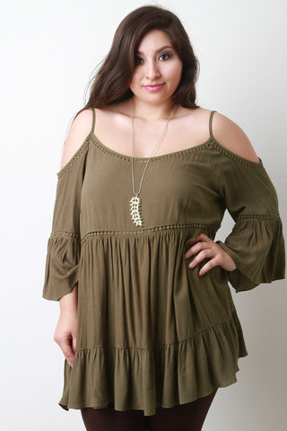 Cold Shoulder Bell Sleeve Babydoll Tier Top