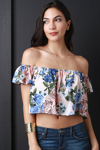 Rose Print Off The Shoulder Crop Top