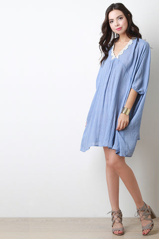 Lace Trim Collar Over-Sized Raglan Sleeve Shift Dress