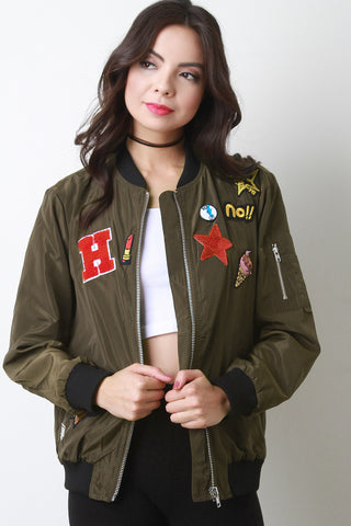 Assorted Patches Zip Up Bomber Jacket