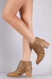 Qupid Perforated Cowgirl Chunky Heeled Booties