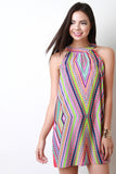 Mock Neck Sleeveless Neon Tribal Print Shift Dress