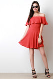 Ruffle Off The Shoulder Themal Knit Mini Dress