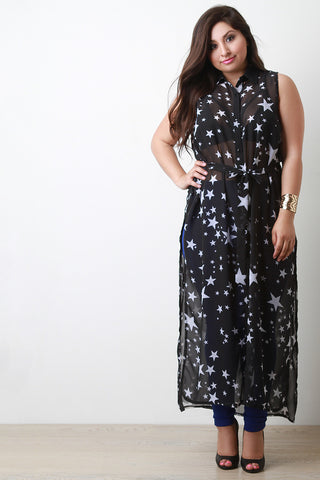 Star Print Button Up Maxi Top