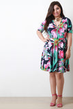 Abstract Floral Surplice Elbow Sleeve Wrap Midi Dress