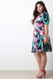 Abstract Floral Surplice Elbow Sleeve Wrap Midi Dress