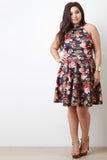 Mock Neck Halter Floral Print Pleated Dress