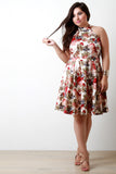 Mock Neck Halter Floral Print Pleated Dress