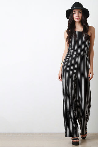 Striped Backless Apron Cut Jumpsuit