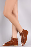 Bamboo Suede Slash Cutout Lace-Up Flat Sandal