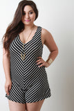 Striped Deep V-Neck Sleeveless Romper